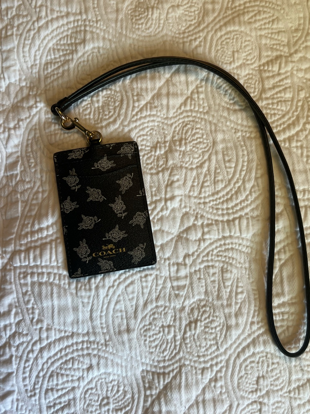 Coach Black Floral Card Holder Lanyard with Gold Logo